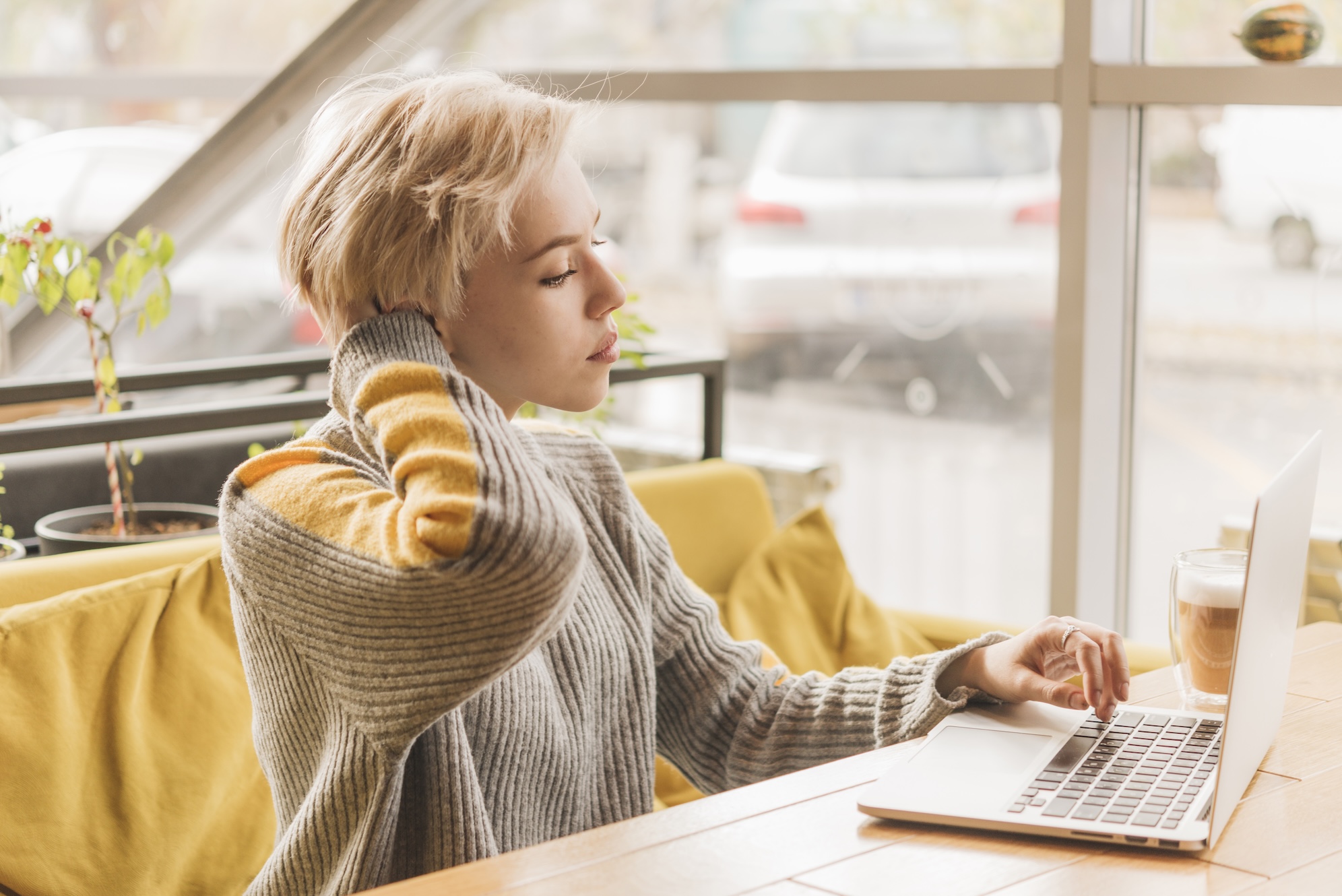 Freelance Woman Working With Laptop Coffee Shop